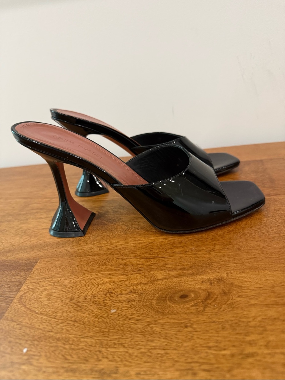 Amina Muaddi Black Patent Open-Toe Mule Heels
